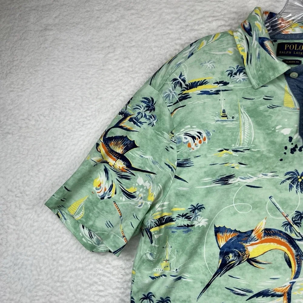Polo Ralph Lauren Green Deep Sea Fishing Marlin Short Sleeve Polo Shirt Men's M